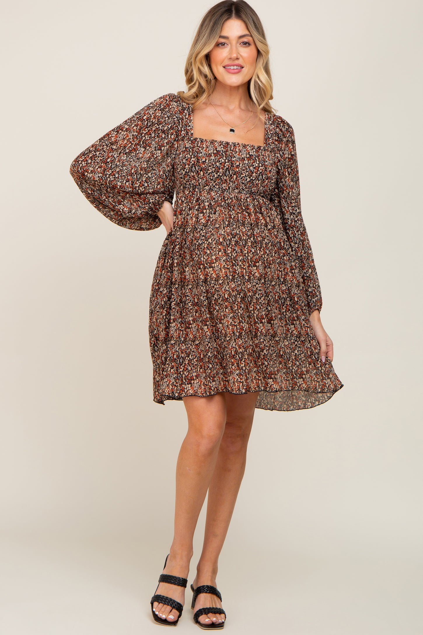 Black Floral Pleated Maternity Dress