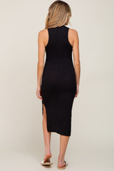 Black Ribbed Sleeveless Side Slit Maternity Midi Dress