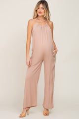 Taupe Halter Neck Maternity Jumpsuit