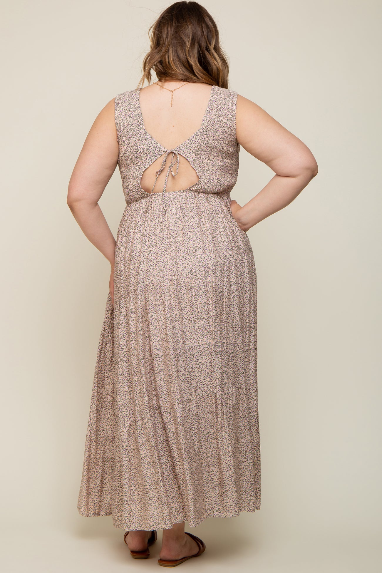 Cream Floral Smocked Sleeveless Back Tie Maternity Plus Maxi Dress