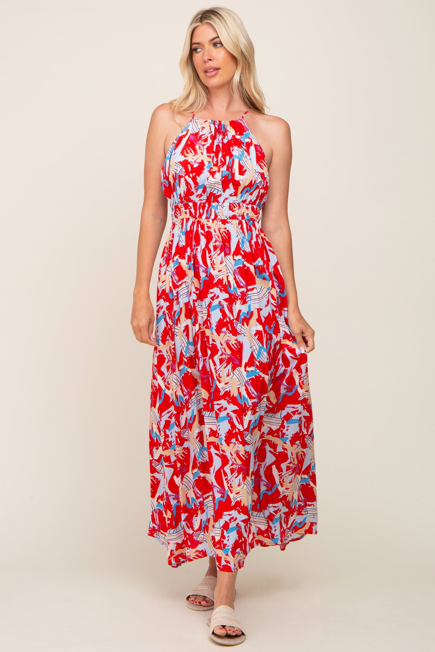 Red Printed Halter Smocked Waist Maxi Dress