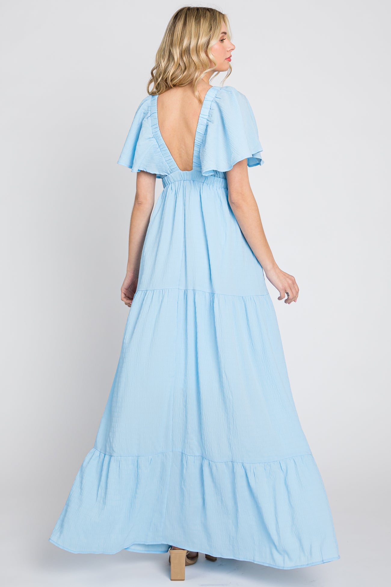 Light Blue Crepe Flounce Sleeve Tiered Maxi Dress
