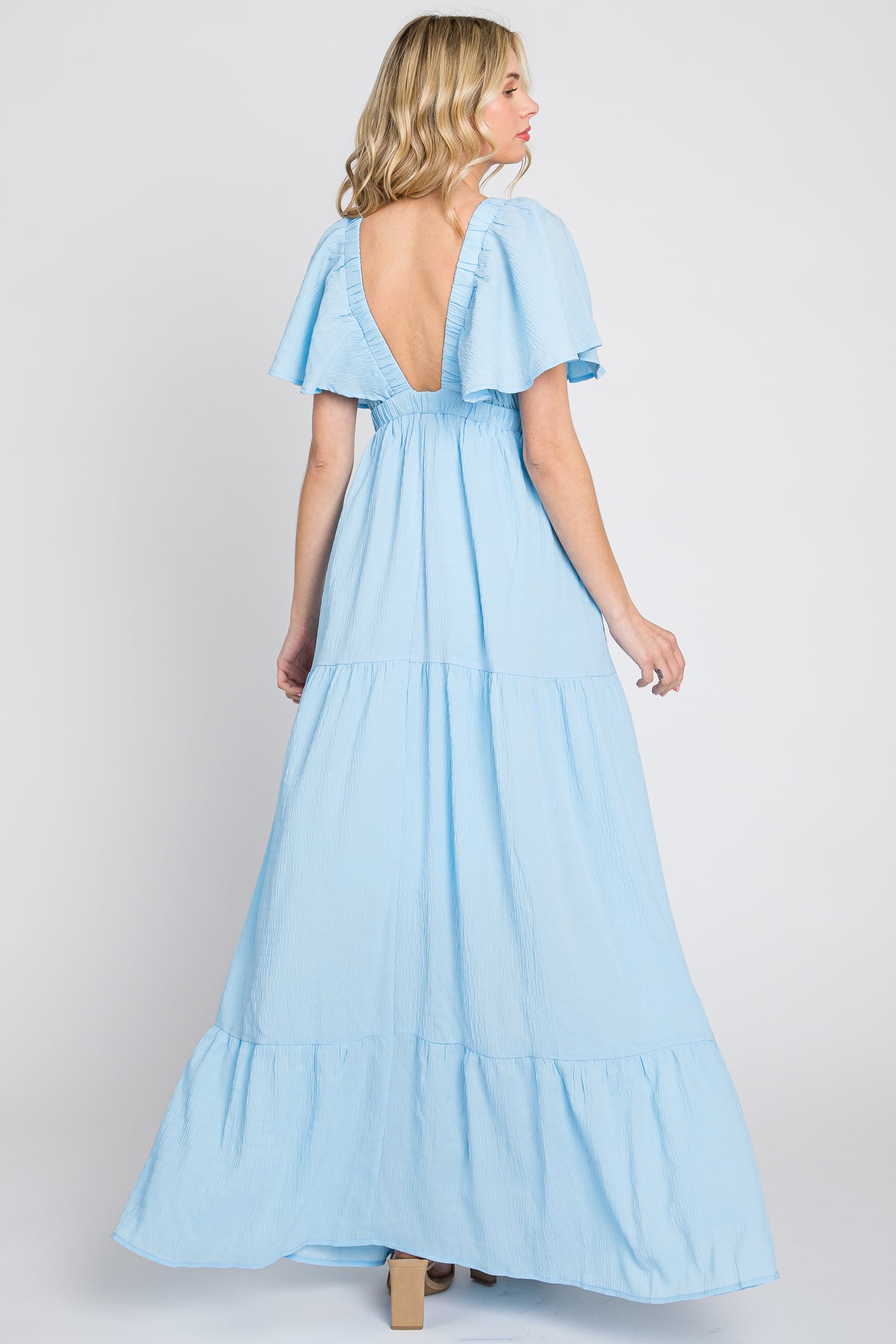 Light Blue Crepe Flounce Sleeve Tiered Maxi Dress