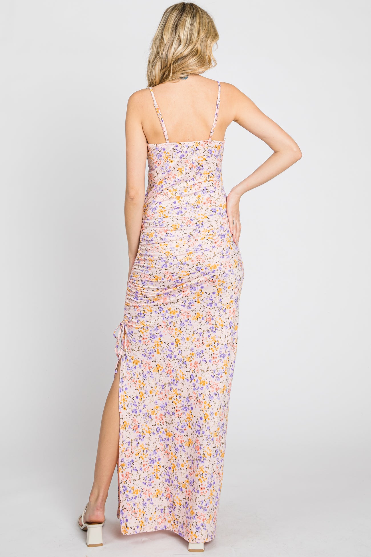 Pink Floral Side Slit Ruched Maxi Dress