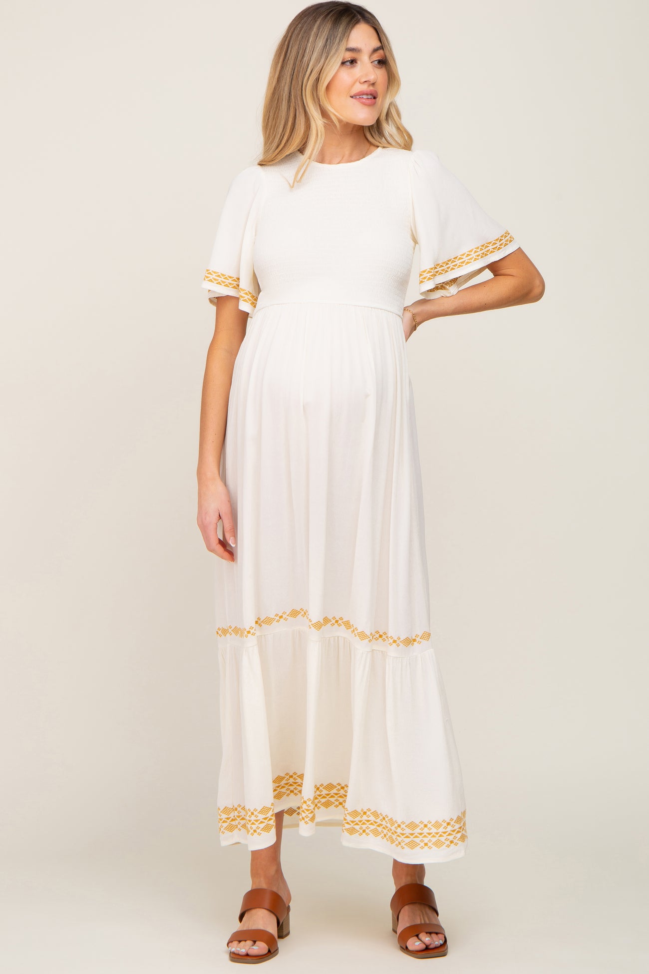 Ivory Embroidered Accent Maternity Maxi Dress