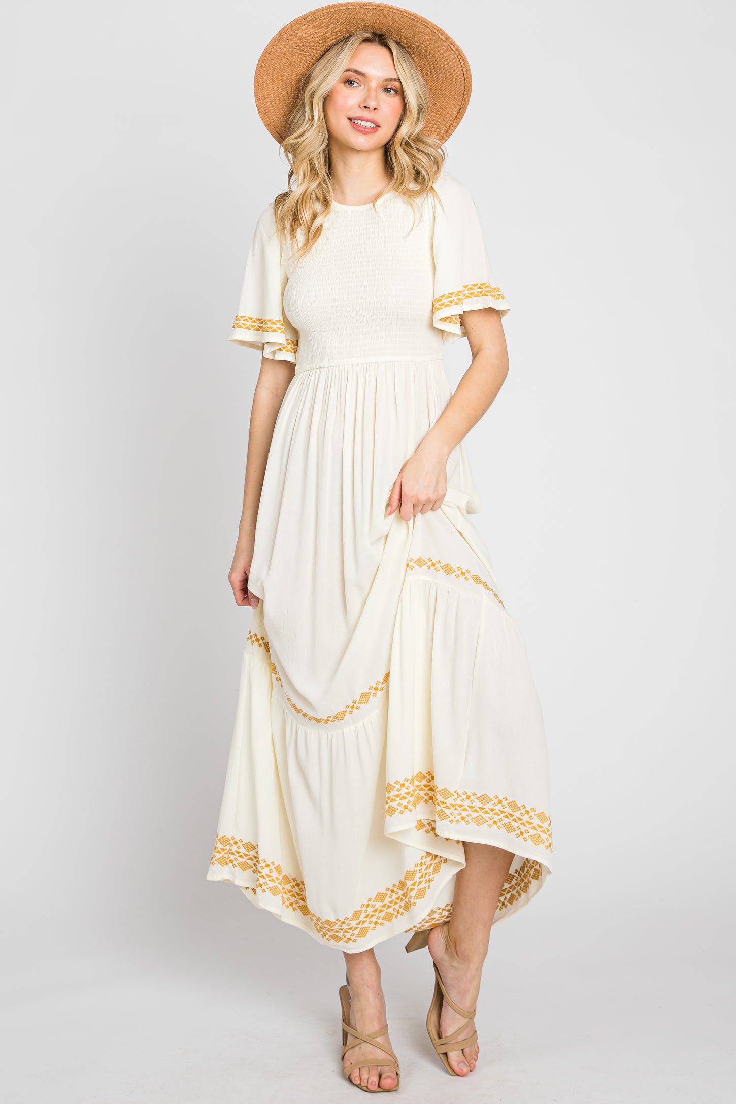 Ivory Embroidered Accent Maternity Maxi Dress