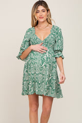 Green Paisley Smocked V-Neck 3/4 Ruffle Sleeve Maternity Dress