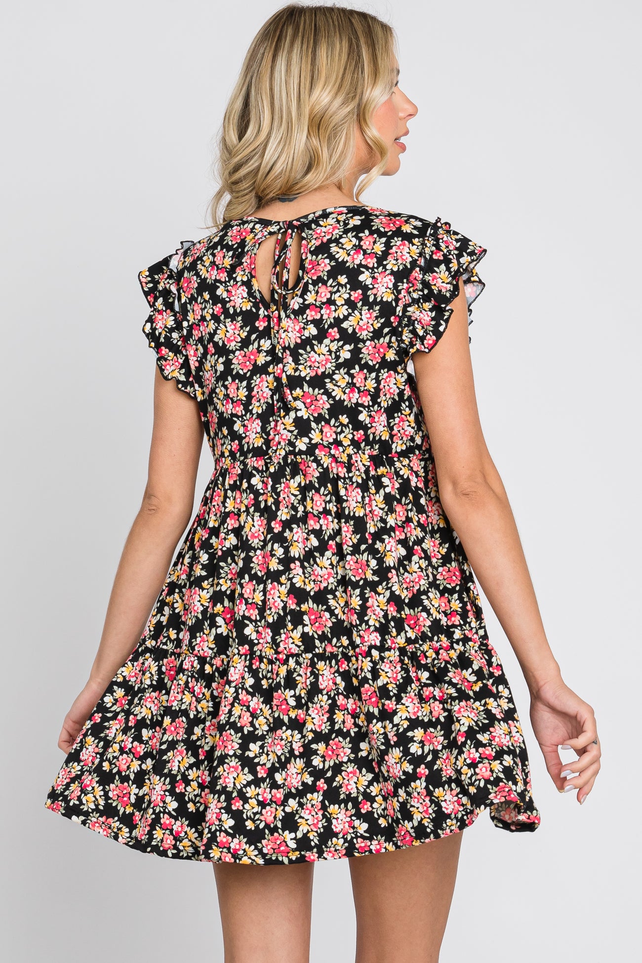 Black Floral Ruffle Accent Mini Dress