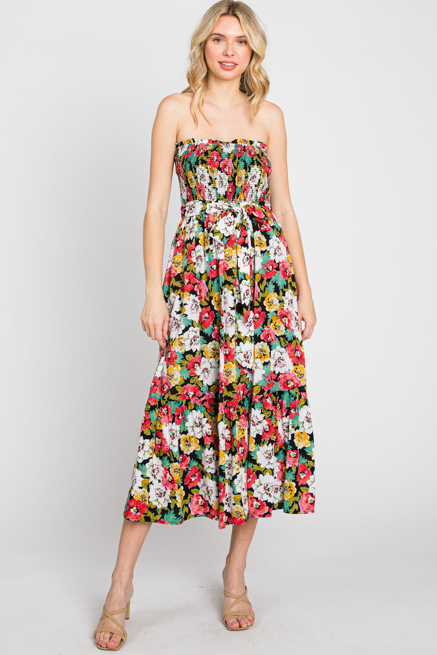 Black Floral Smocked Strapless Midi Dress
