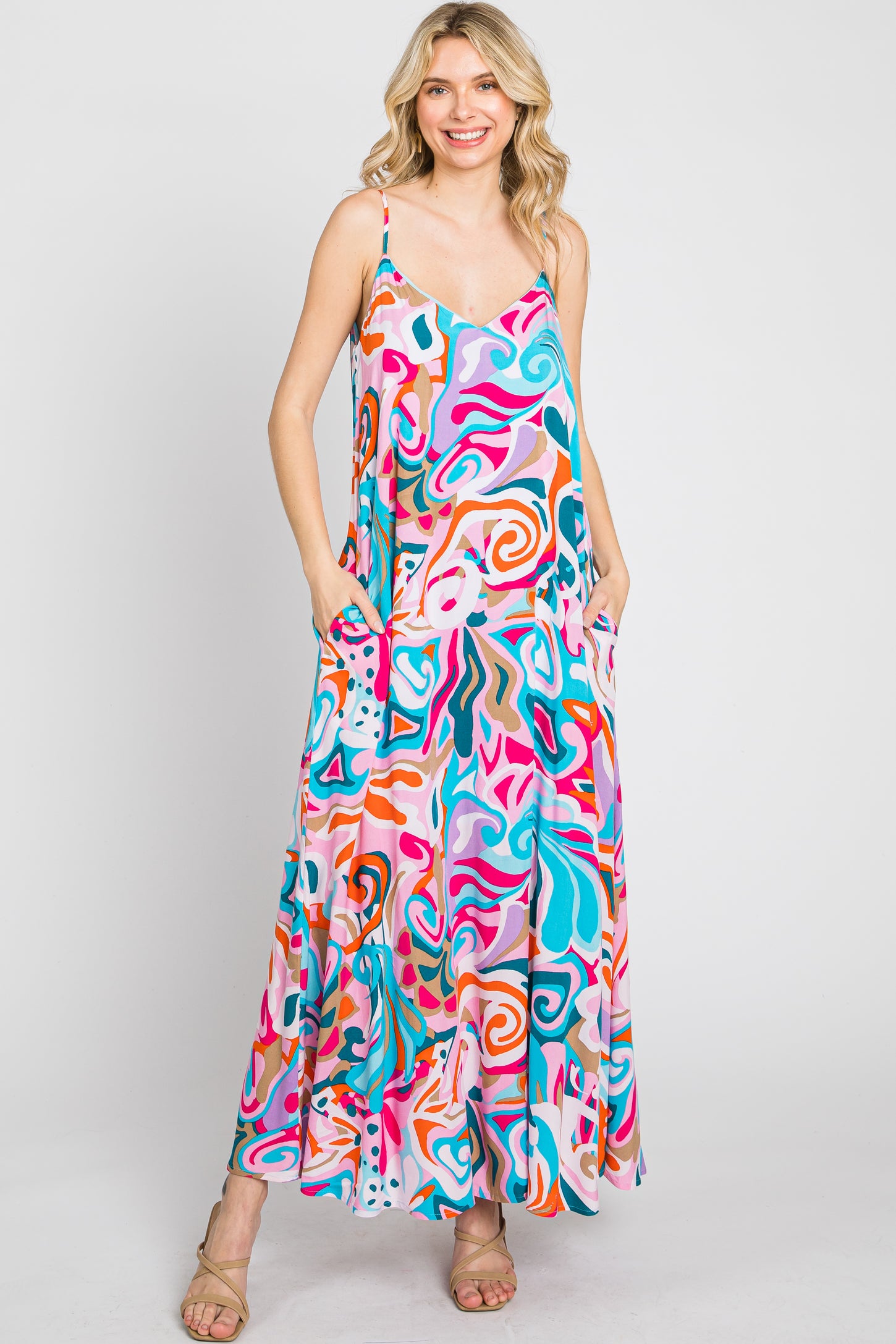 Multi-Color Sleeveless V-Neck Maxi Dress