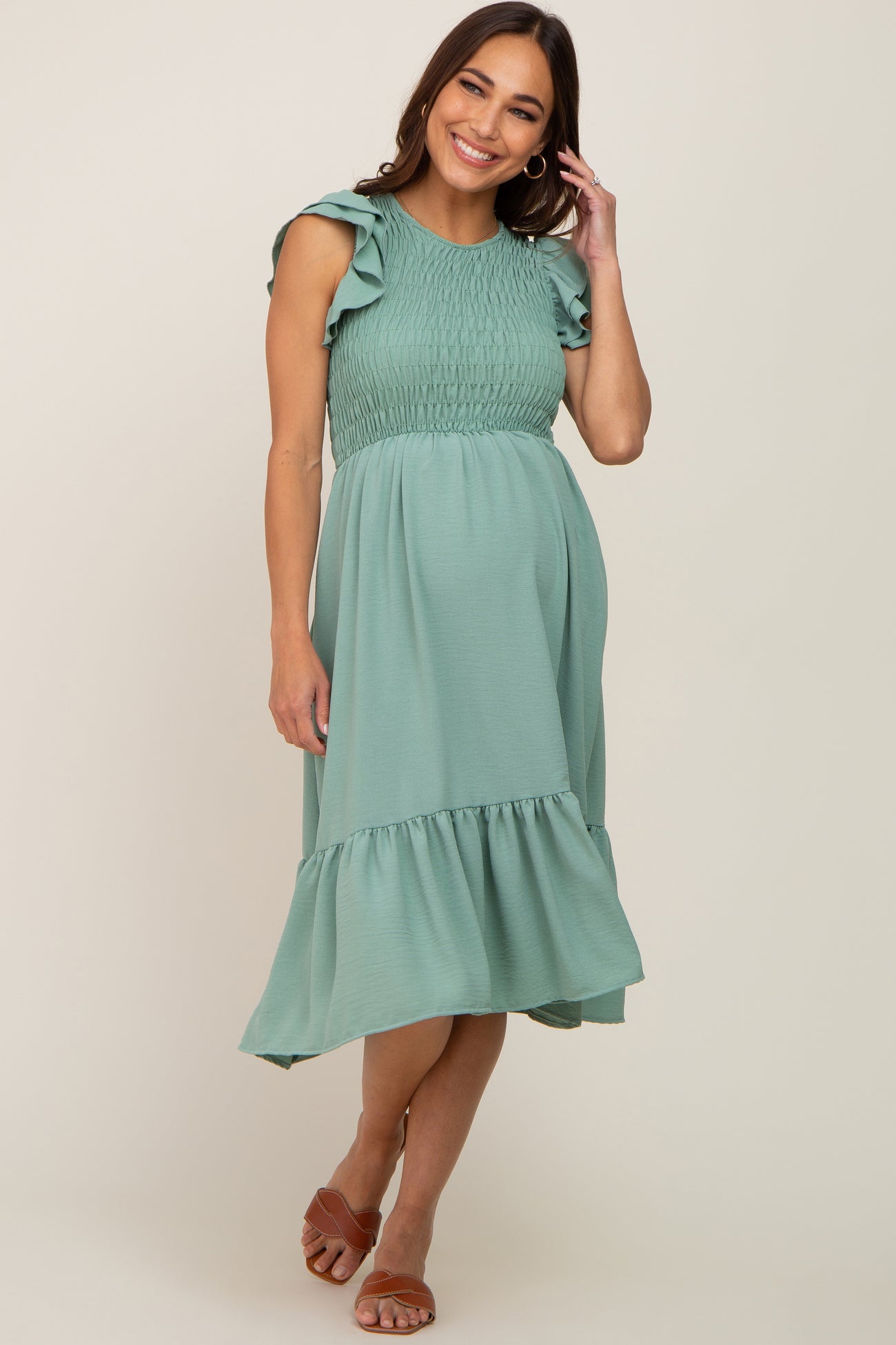 Sage Smocked Layered Ruffle Flutter Sleeve Maternity Midi Dress