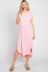 Light Pink Ribbed Round Hi-Lo Hem Maternity Dress