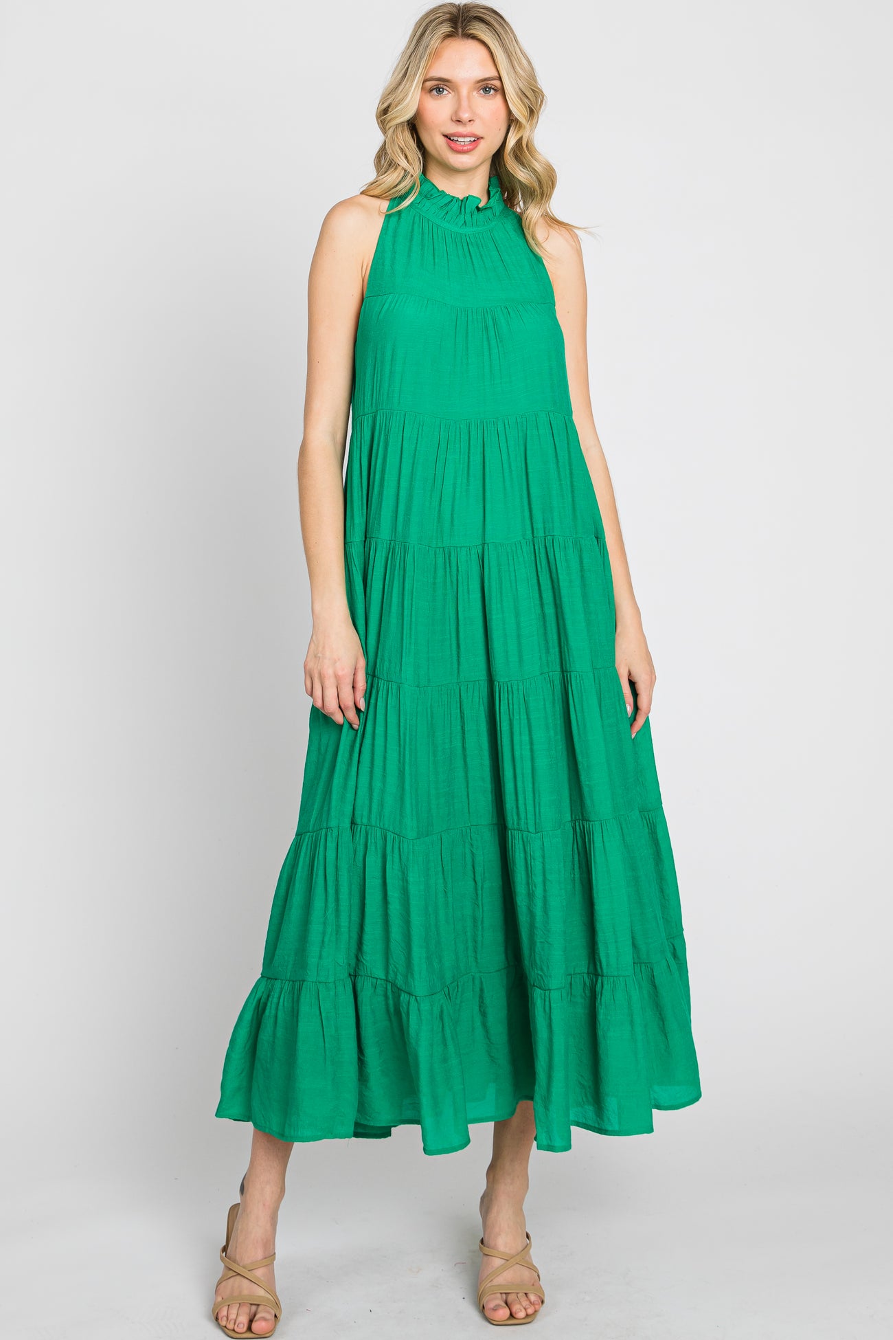Green Tiered High Neck Maxi Dress