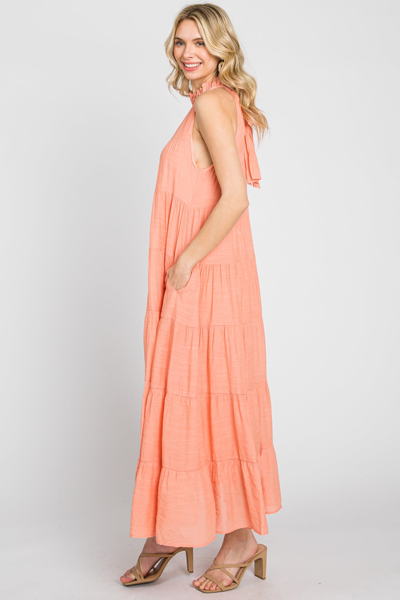 Peach Tiered High Neck Maxi Dress