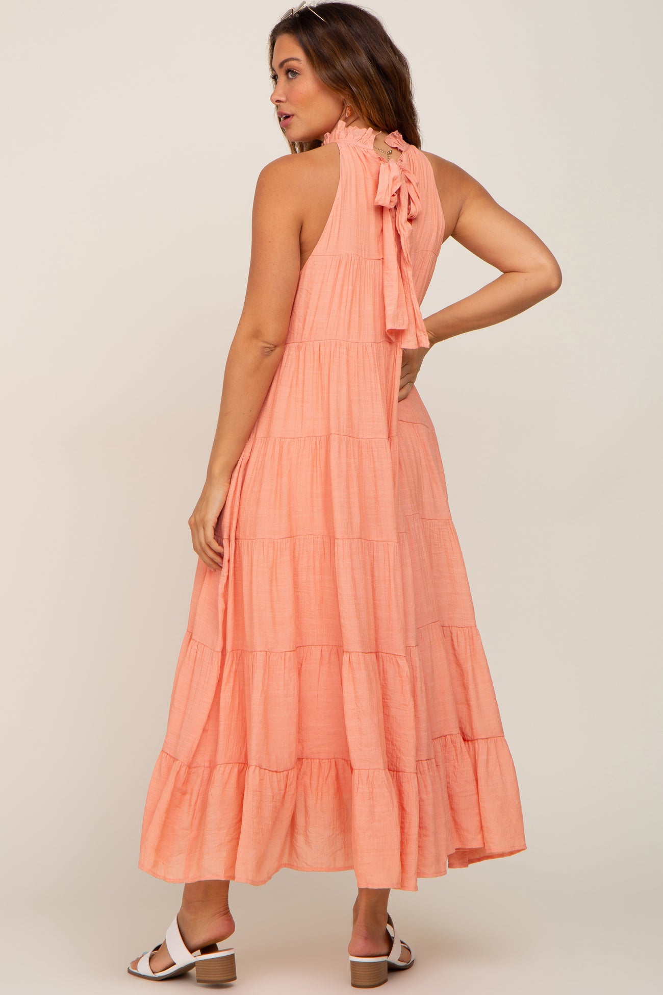 Peach Tiered High Neck Maternity Maxi Dress