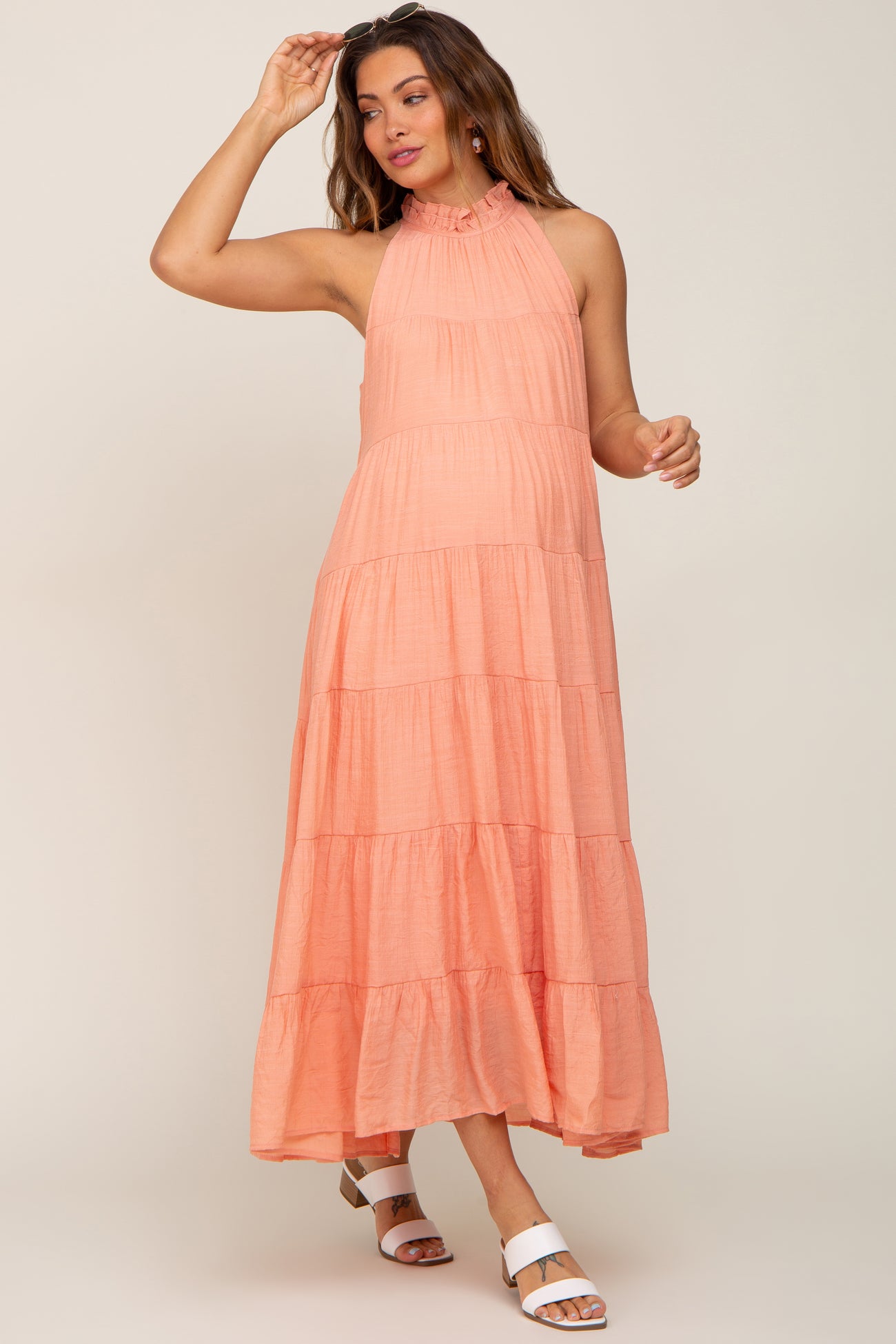 Peach Tiered High Neck Maternity Maxi Dress