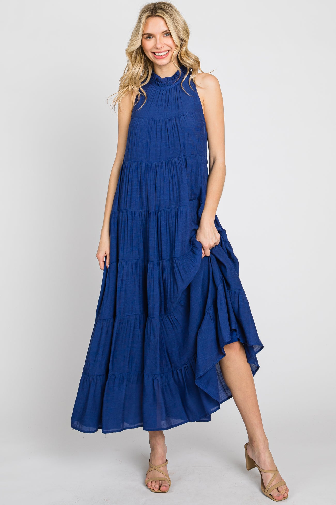 Navy Tiered High Neck Maternity Maxi Dress
