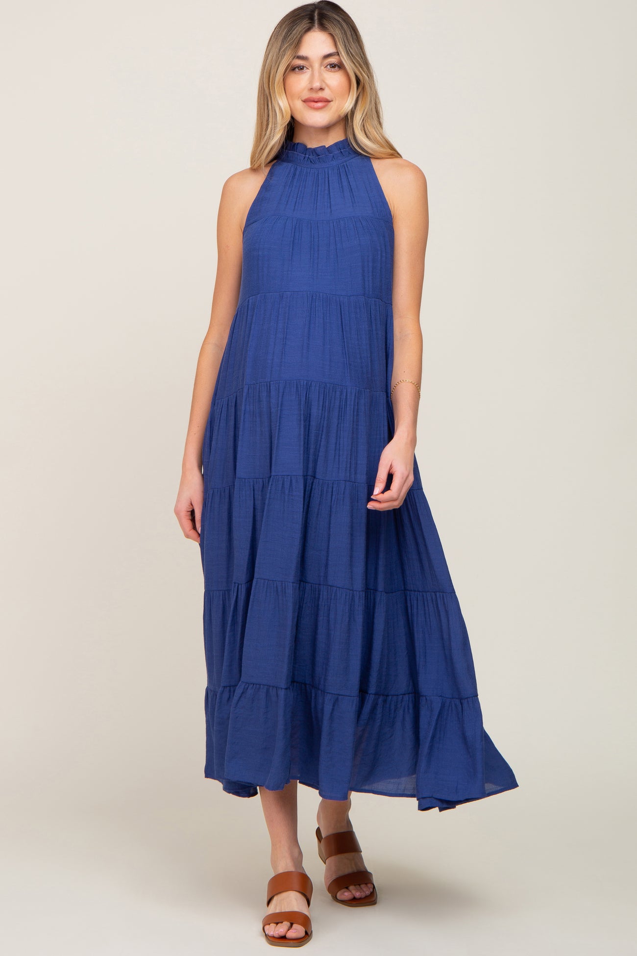 Navy Tiered High Neck Maternity Maxi Dress