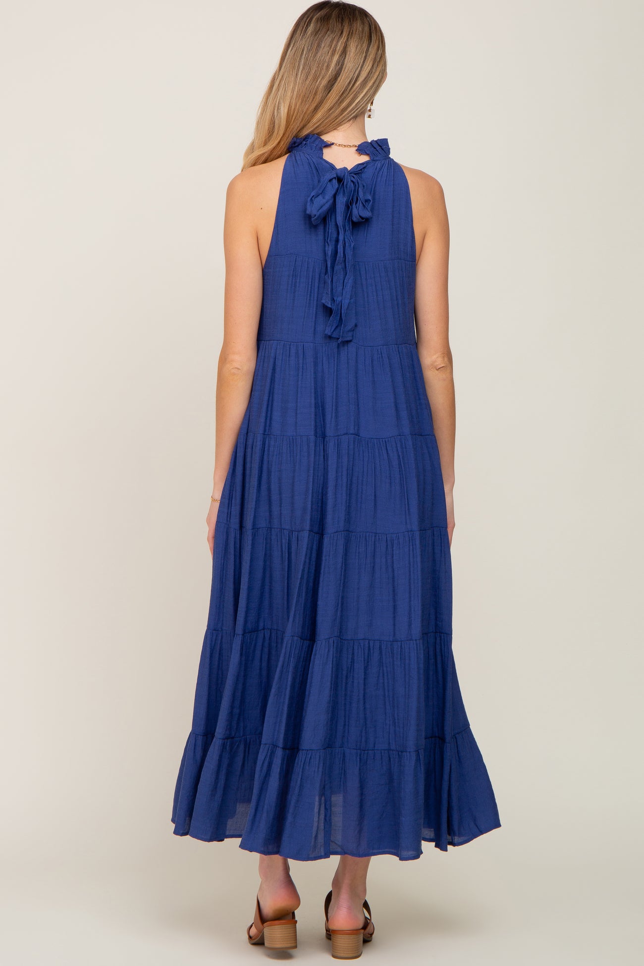 Navy Tiered High Neck Maternity Maxi Dress