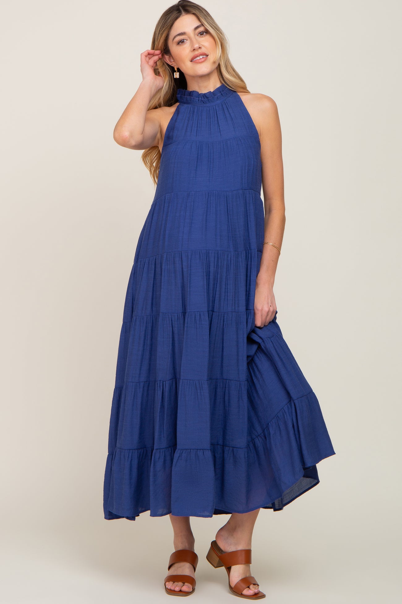 Navy Tiered High Neck Maternity Maxi Dress