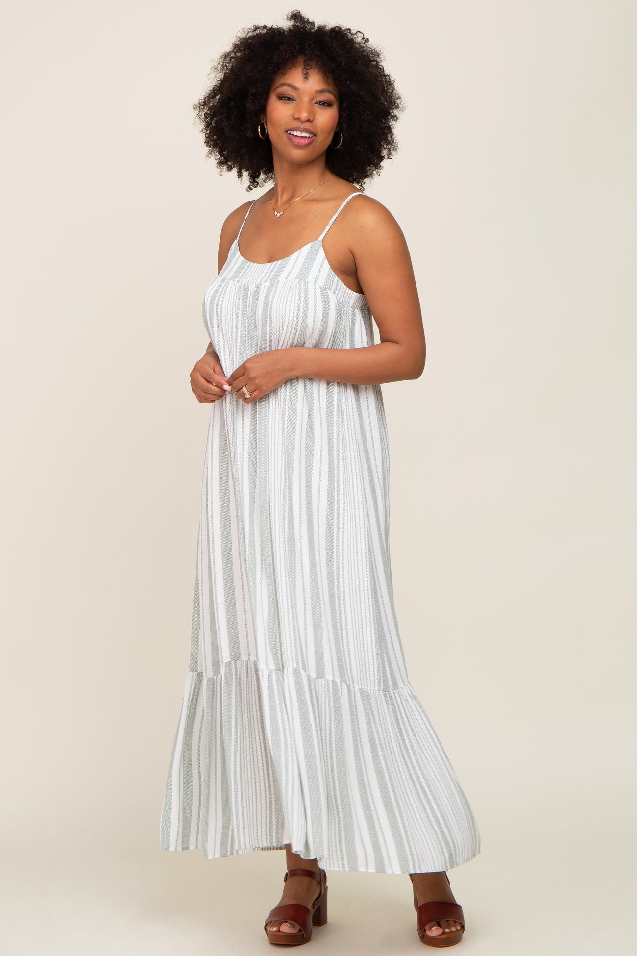 Sage Striped Sleeveless Maternity Maxi Dress
