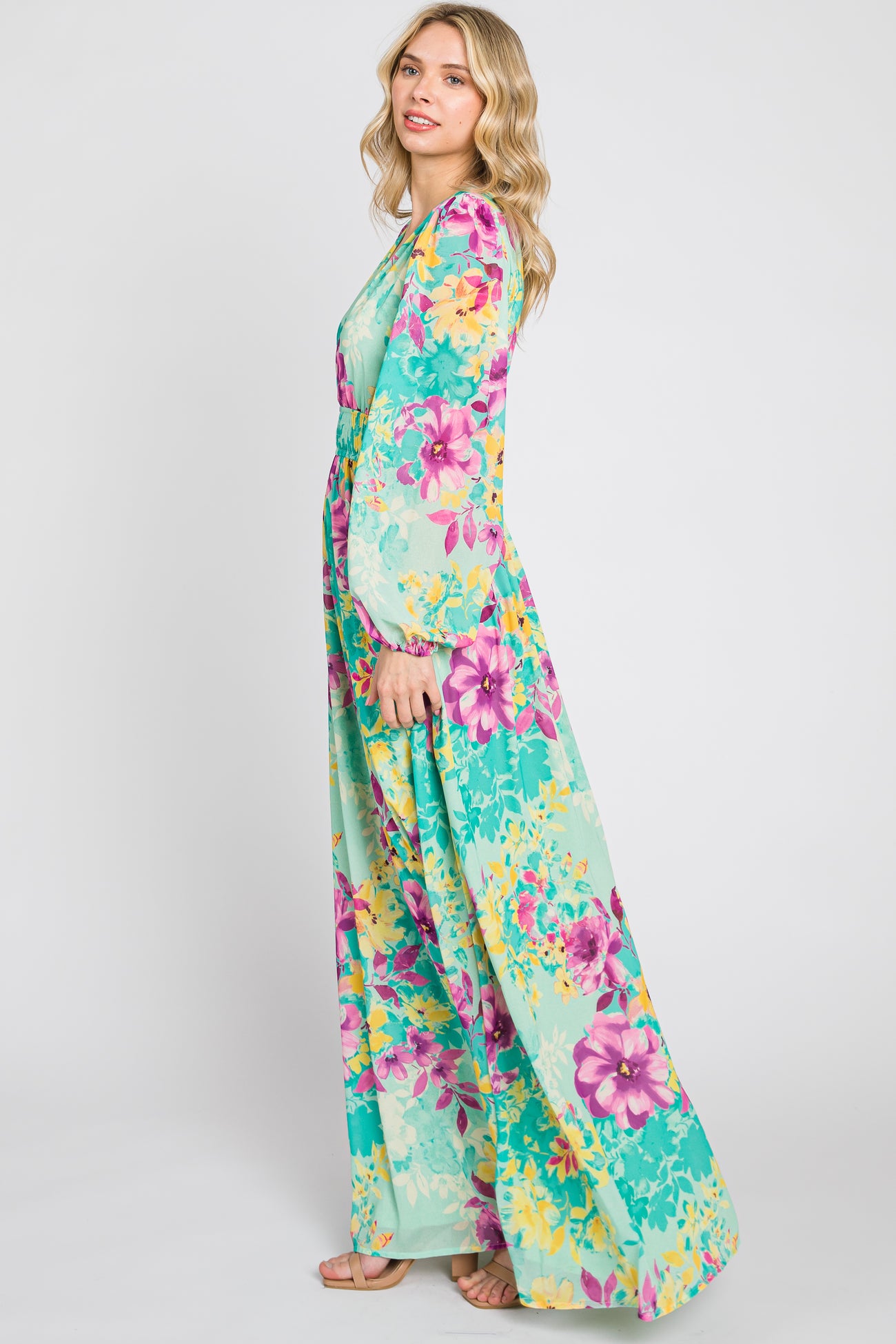 Turquoise Floral Side Cutout Maxi Dress