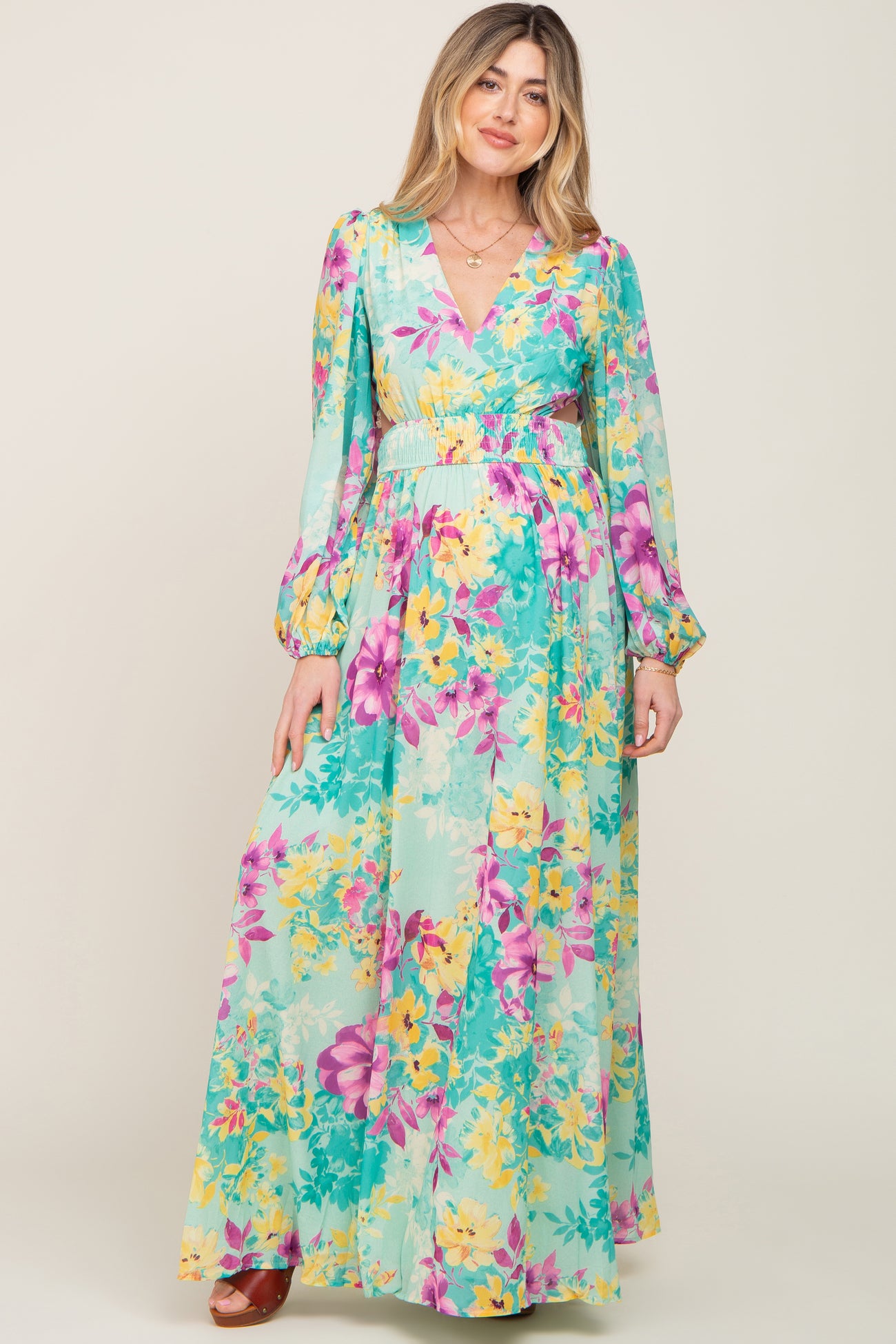 Turquoise Floral Side Cutout Maternity Maxi Dress
