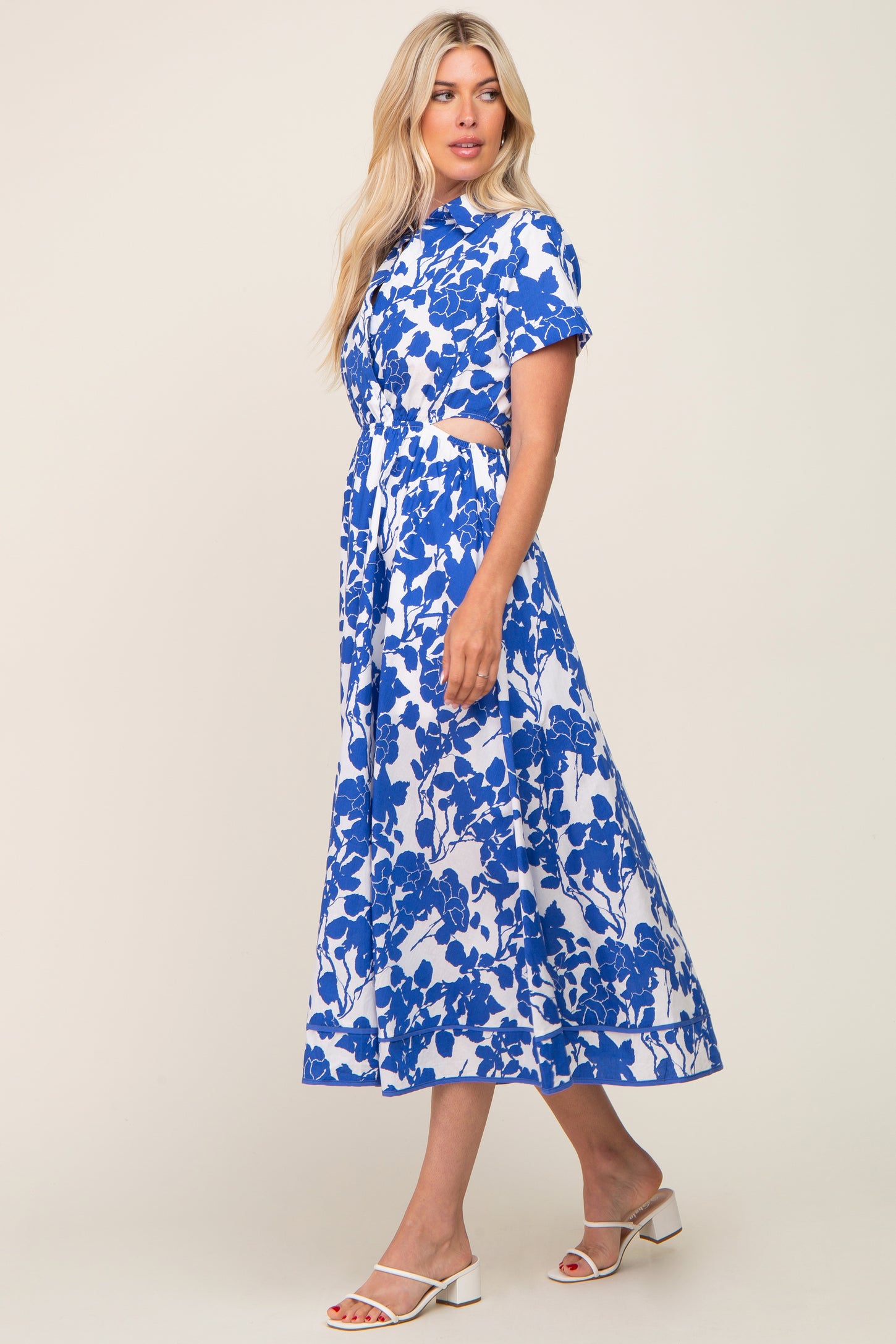 Royal Blue Floral Collared Short Sleeve Side Cutout Midi Dress