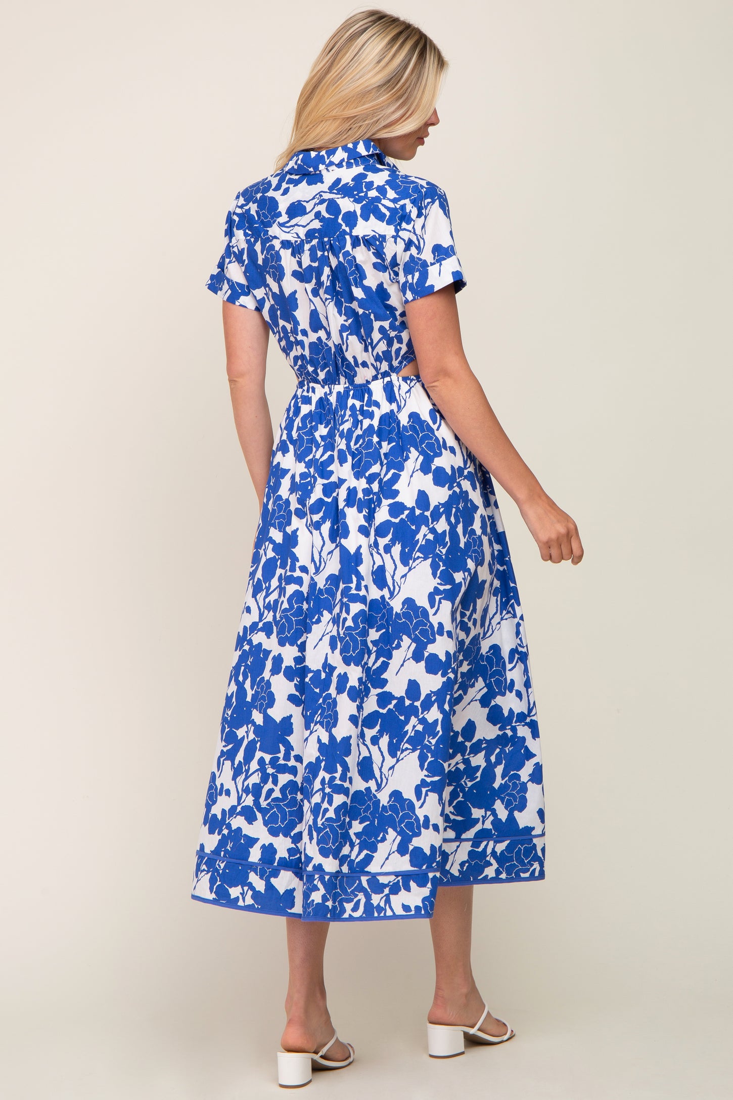 Royal Blue Floral Collared Short Sleeve Side Cutout Midi Dress