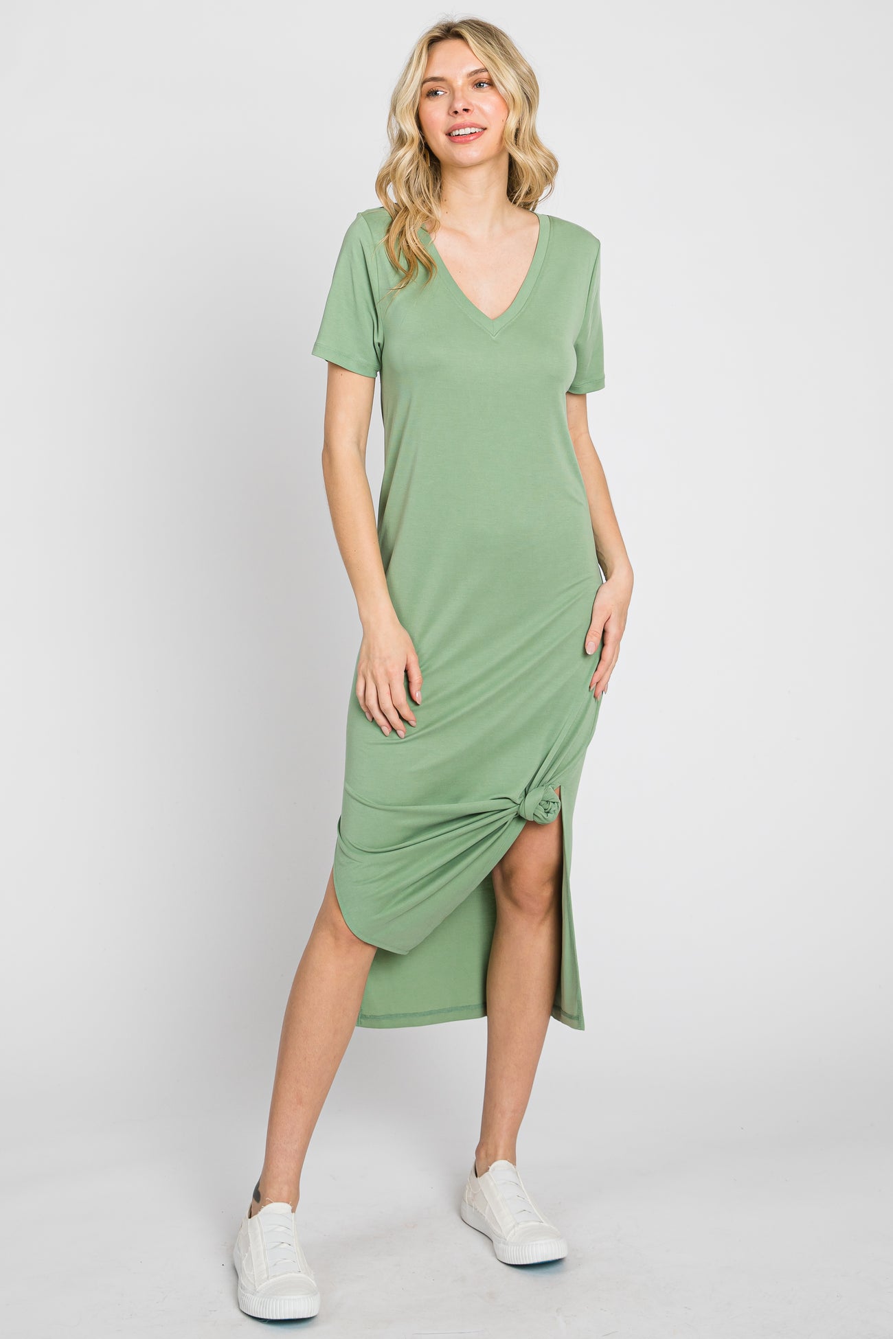 Sage V-Neck Short Sleeve Side Slit Maternity Midi Dress
