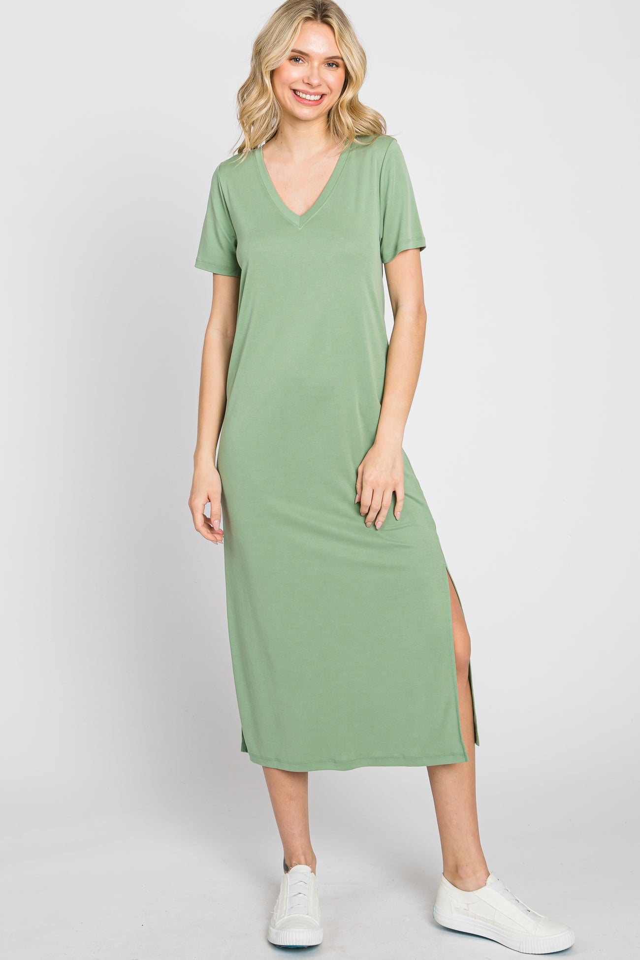 Sage V-Neck Short Sleeve Side Slit Midi Dress