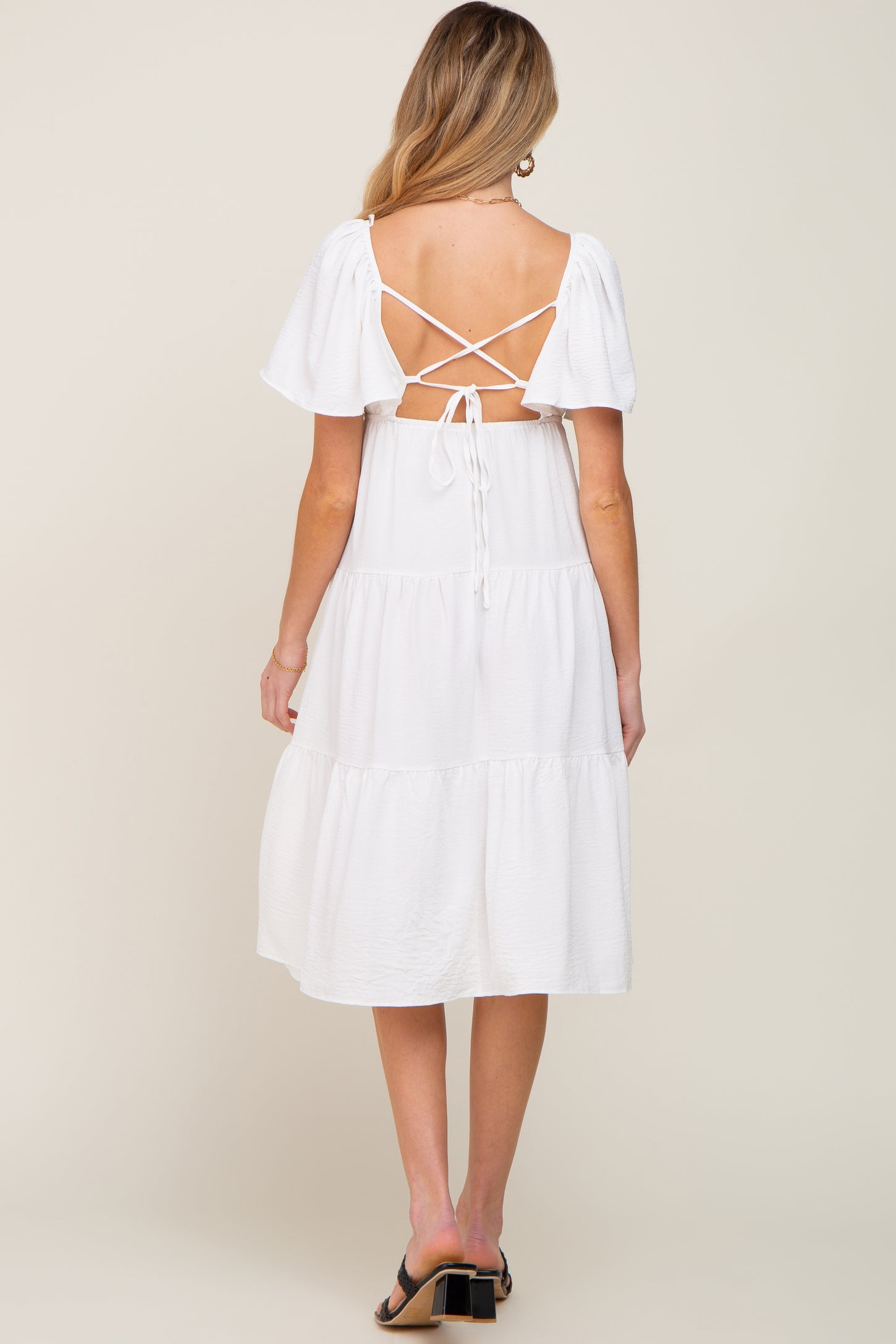 White Tiered Criss Cross Back Maternity Midi Dress