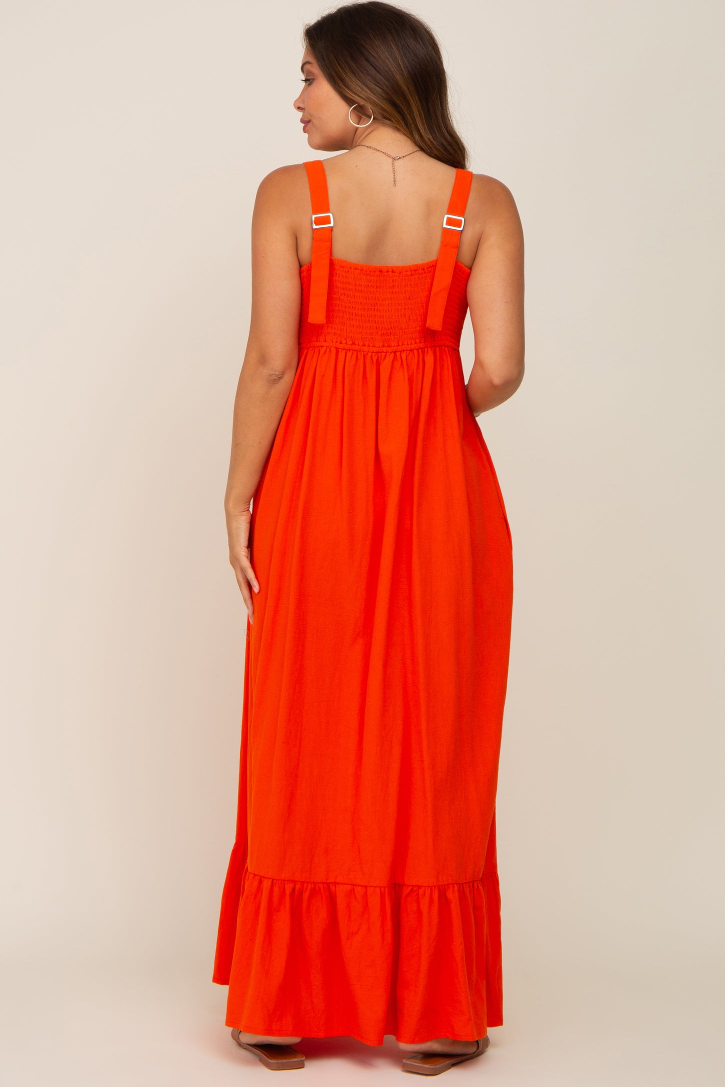 Red Orange Front Button Sleeveless Maternity Maxi Dress