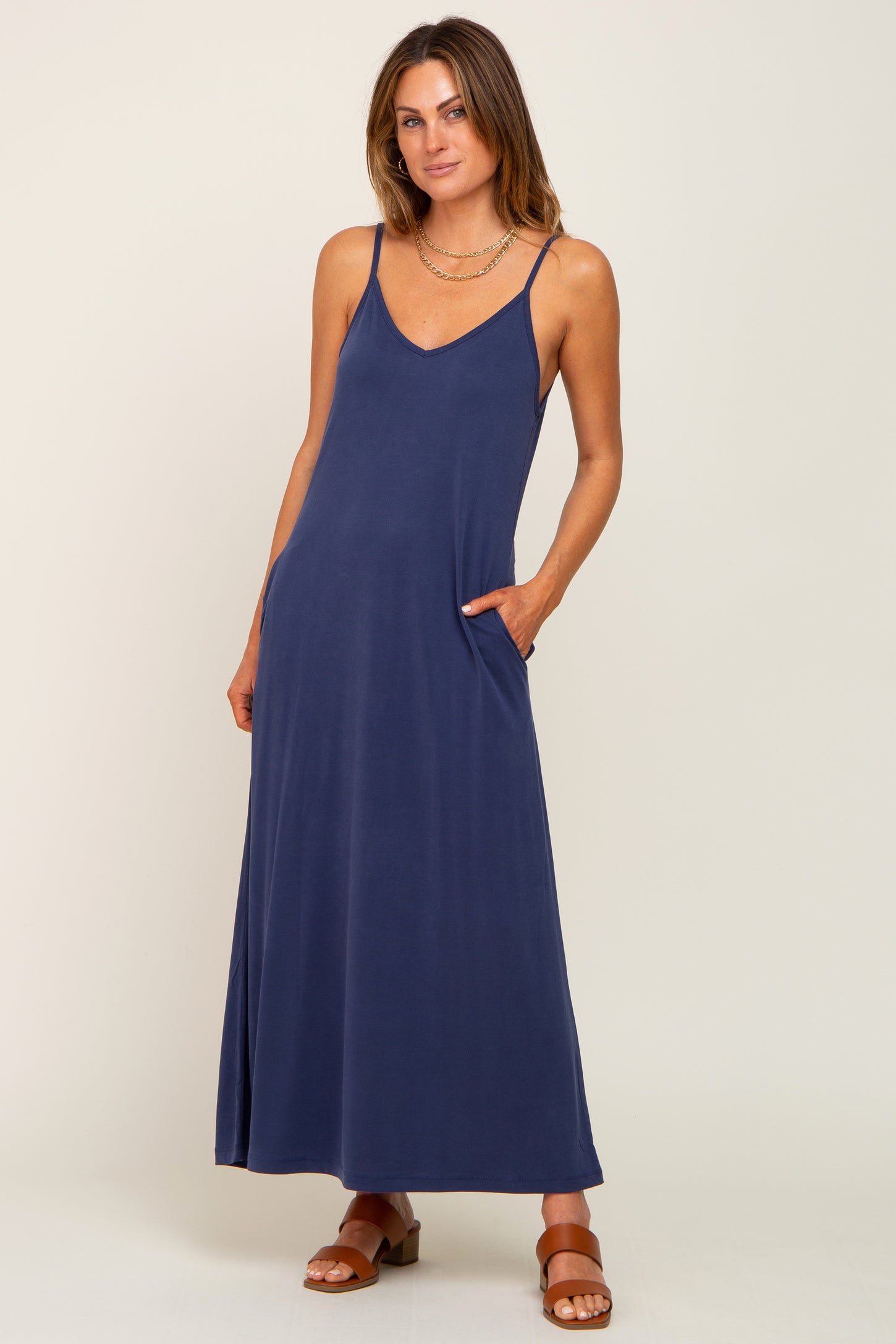 Navy Blue Sleeveless V-Neck Maternity Maxi Dress