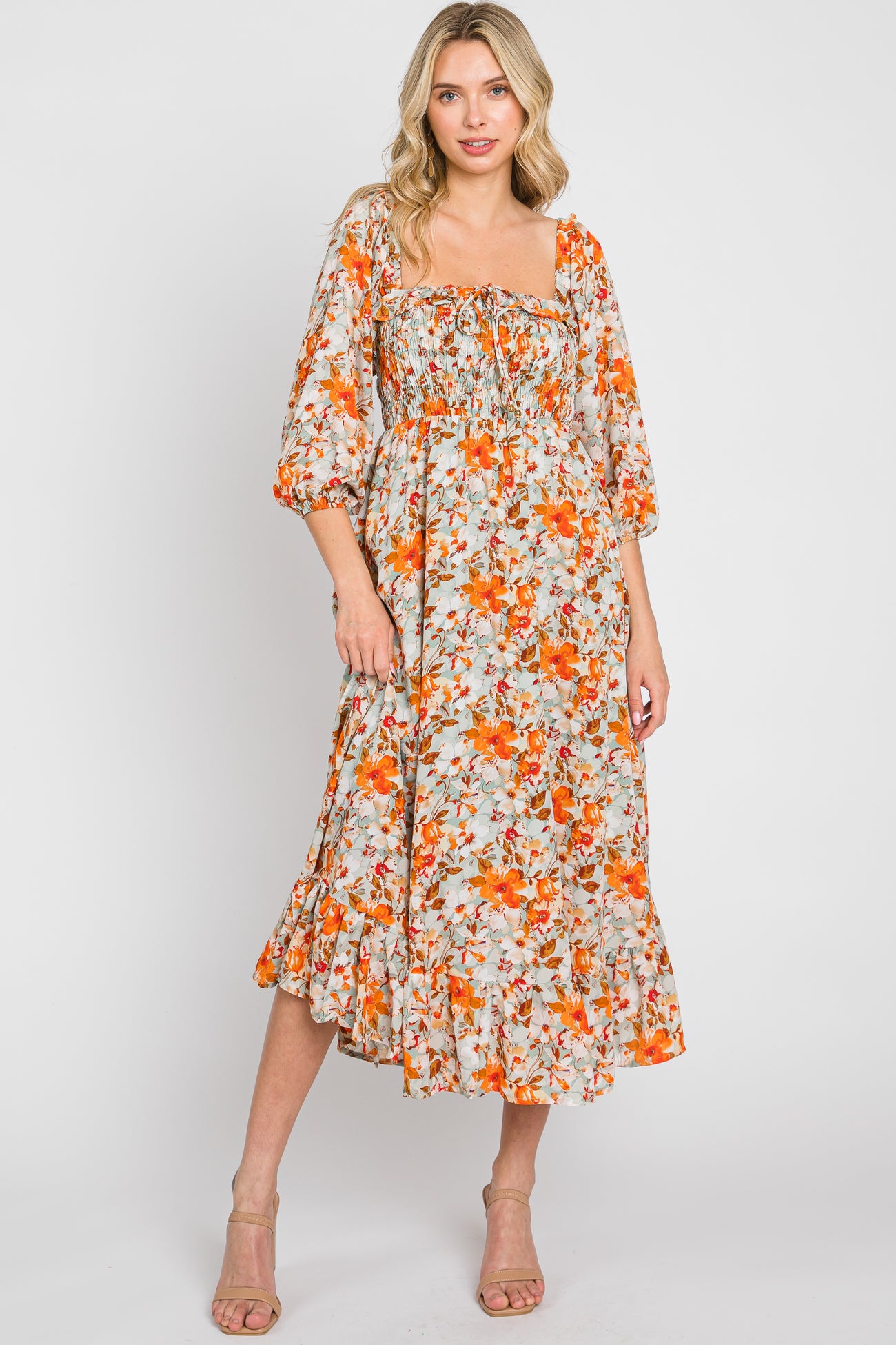 Light Blue Floral Ruffle Square Neck Smocked Front Tie Maternity Midi Dress
