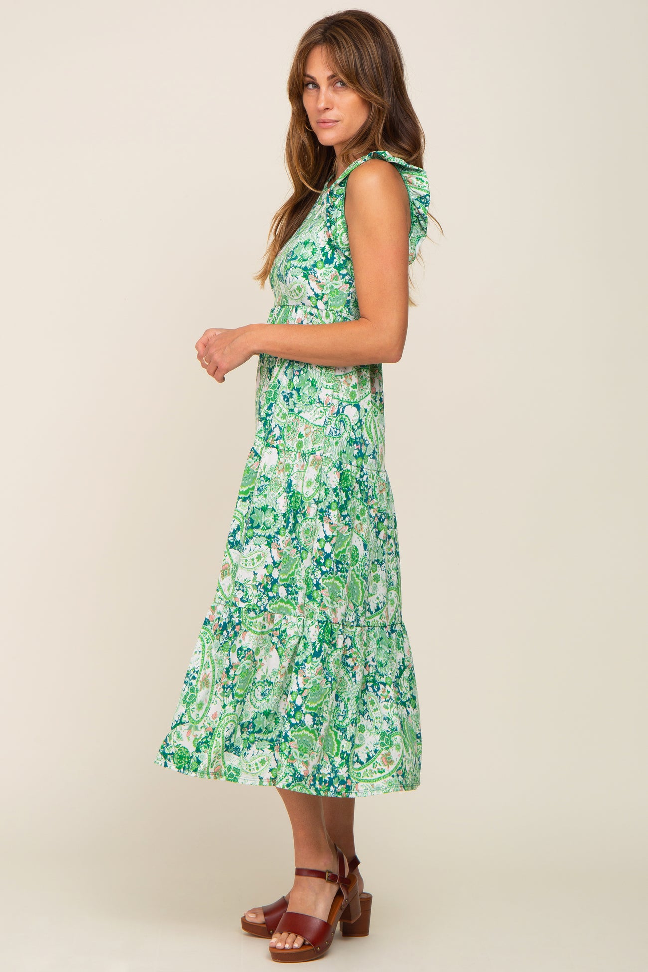 Green Floral Paisley Tiered Midi Dress