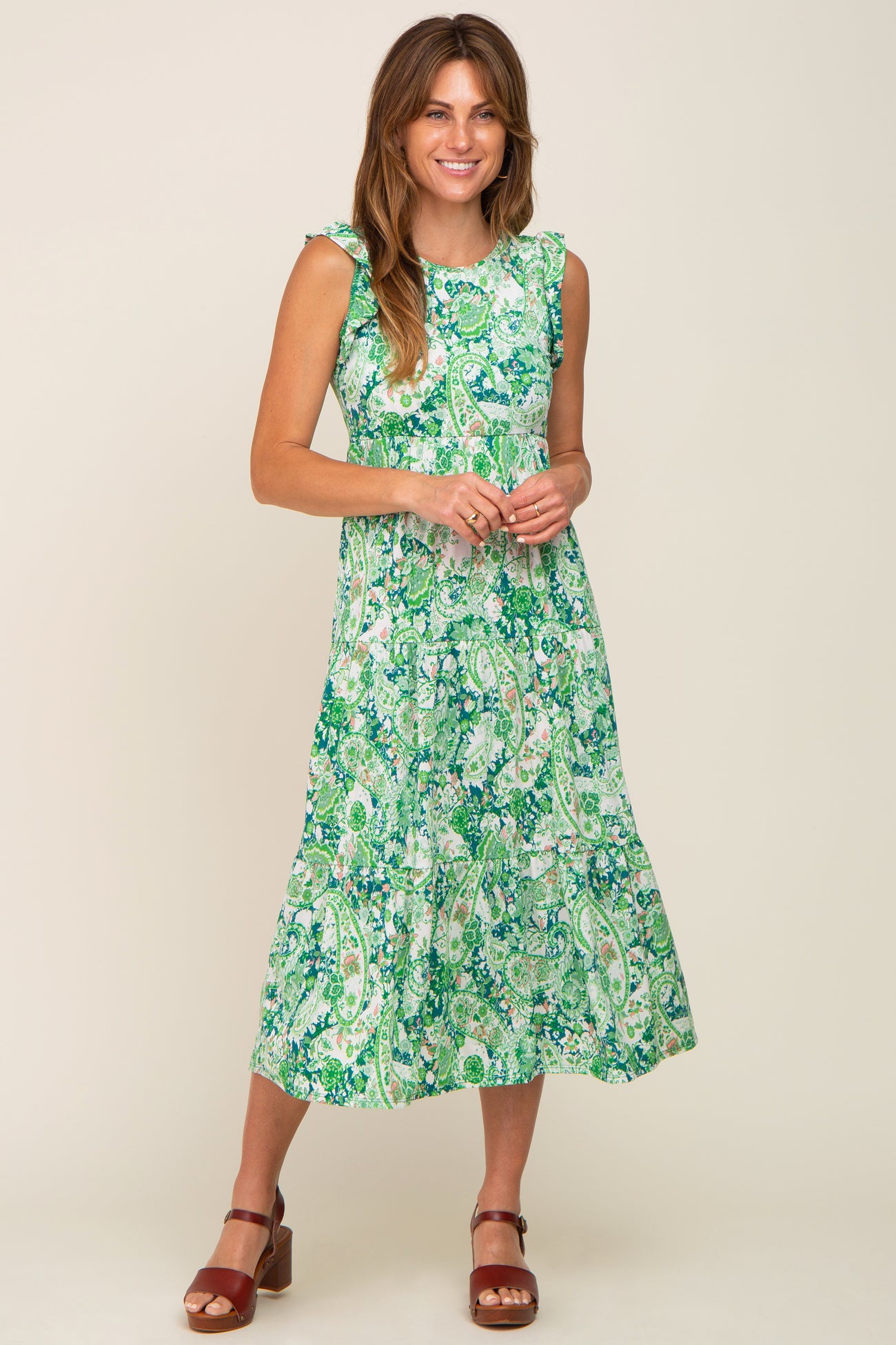 Green Floral Paisley Tiered Midi Dress
