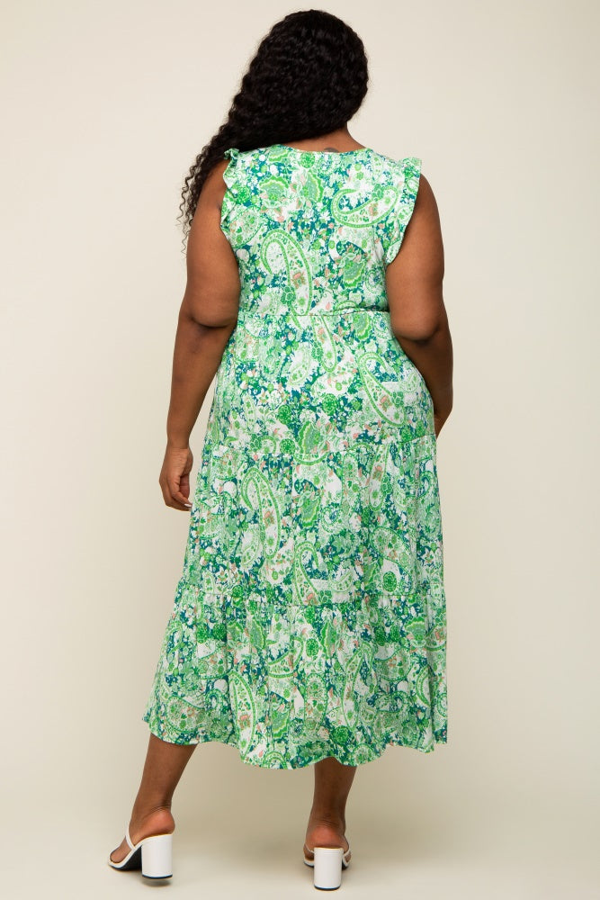 Green Floral Paisley Tiered Plus Midi Dress