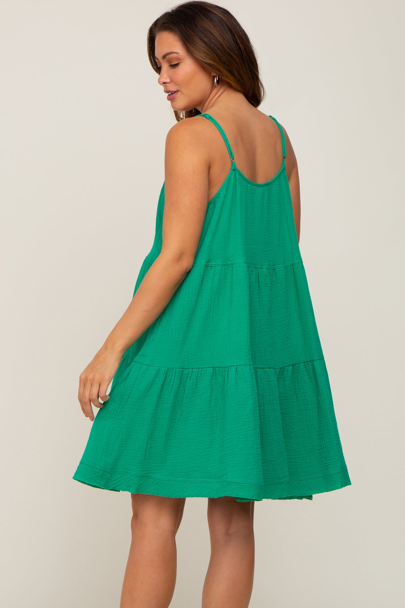 Green Front Button Tiered Maternity Dress