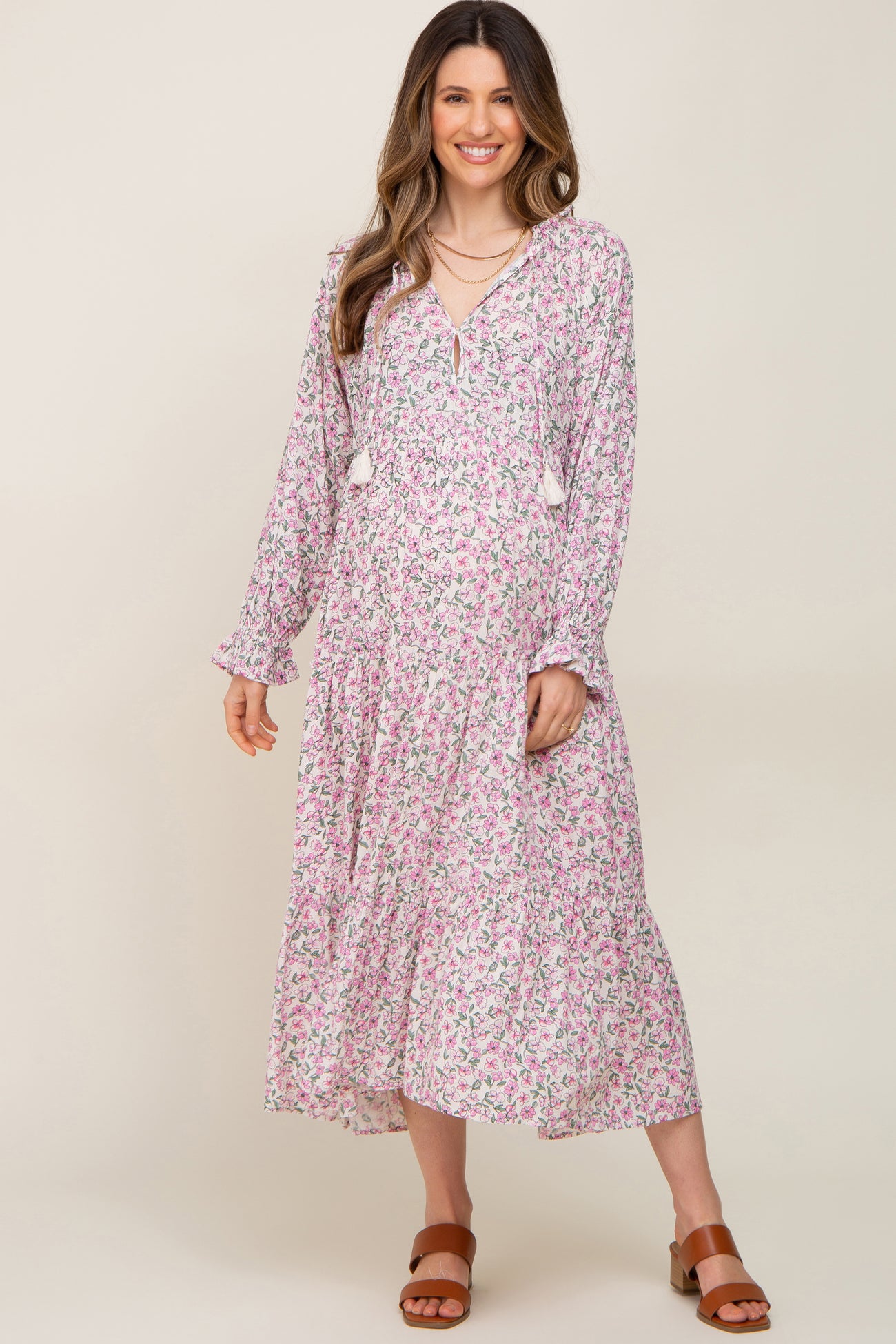Pink Floral Front Tie Long Sleeve Tiered Maternity Midi Dress