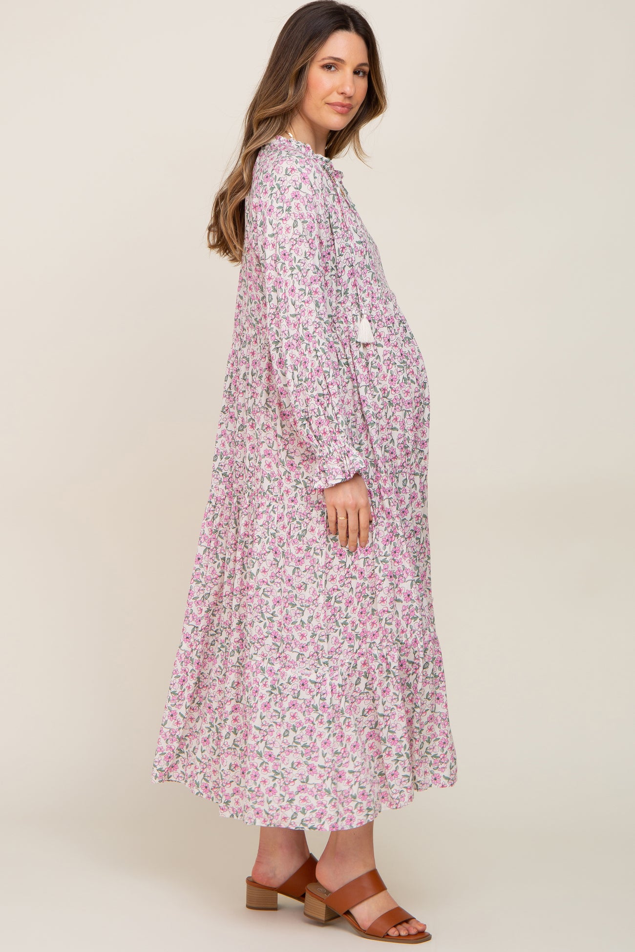 Pink Floral Front Tie Long Sleeve Tiered Maternity Midi Dress
