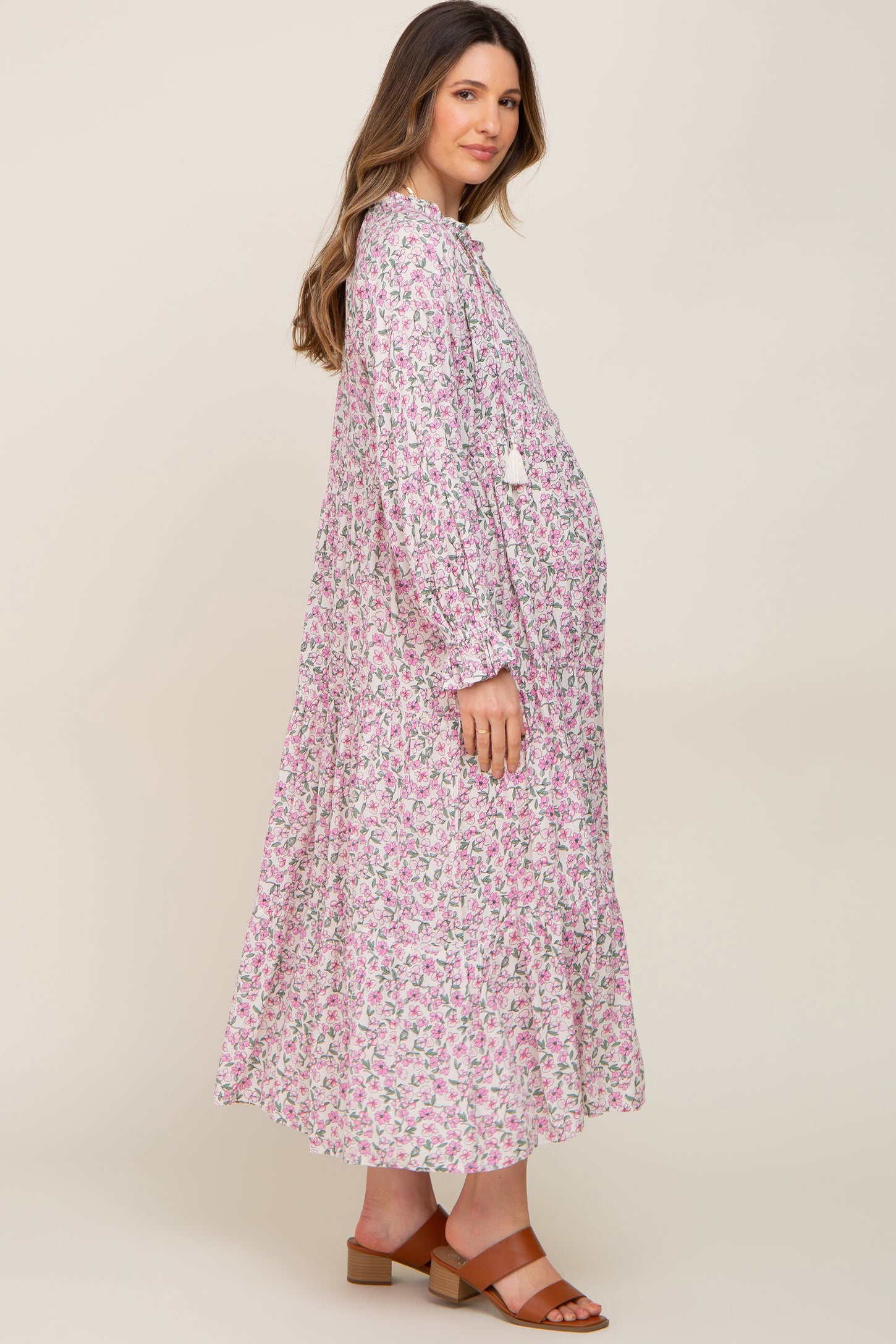 Pink Floral Front Tie Long Sleeve Tiered Maternity Midi Dress