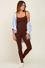 Brown Ribbed Sleeveless Jumpsuit