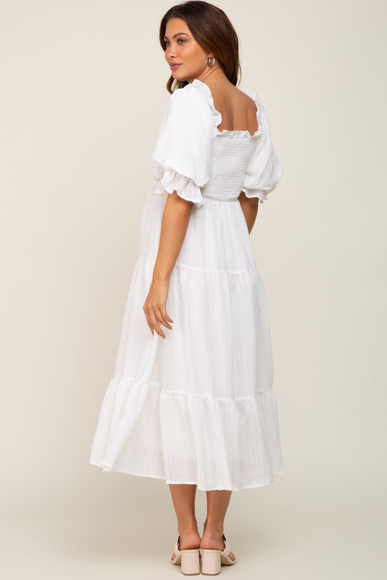 White Smocked Puff Sleeve Maternity Midi Dress