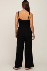 Black Smocked Square Neck Sleeveless Linen Maternity Jumpsuit
