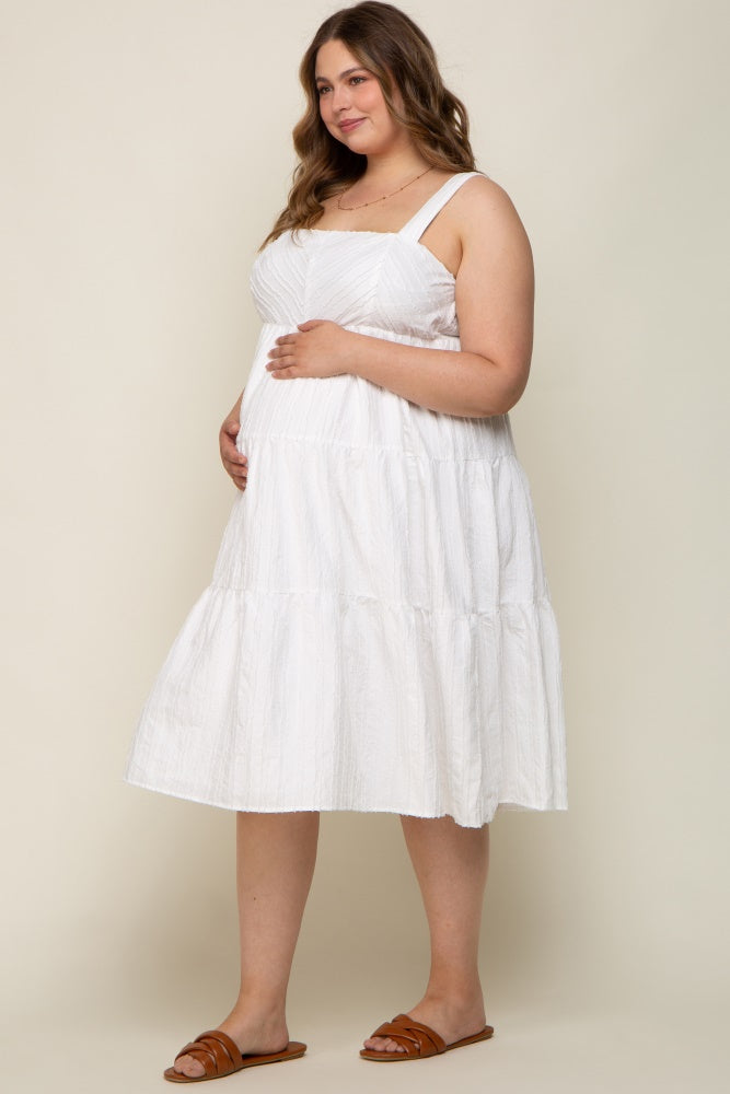 White Textured Striped Tiered Maternity Plus Midi Dress