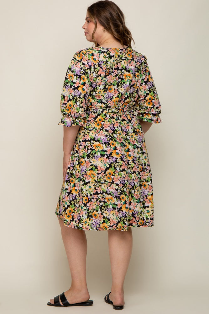 Black Floral 3/4 Sleeve Wrap Maternity Plus Dress