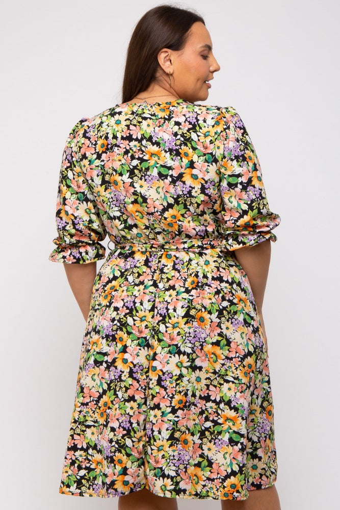Black Floral 3/4 Sleeve Wrap Plus Dress