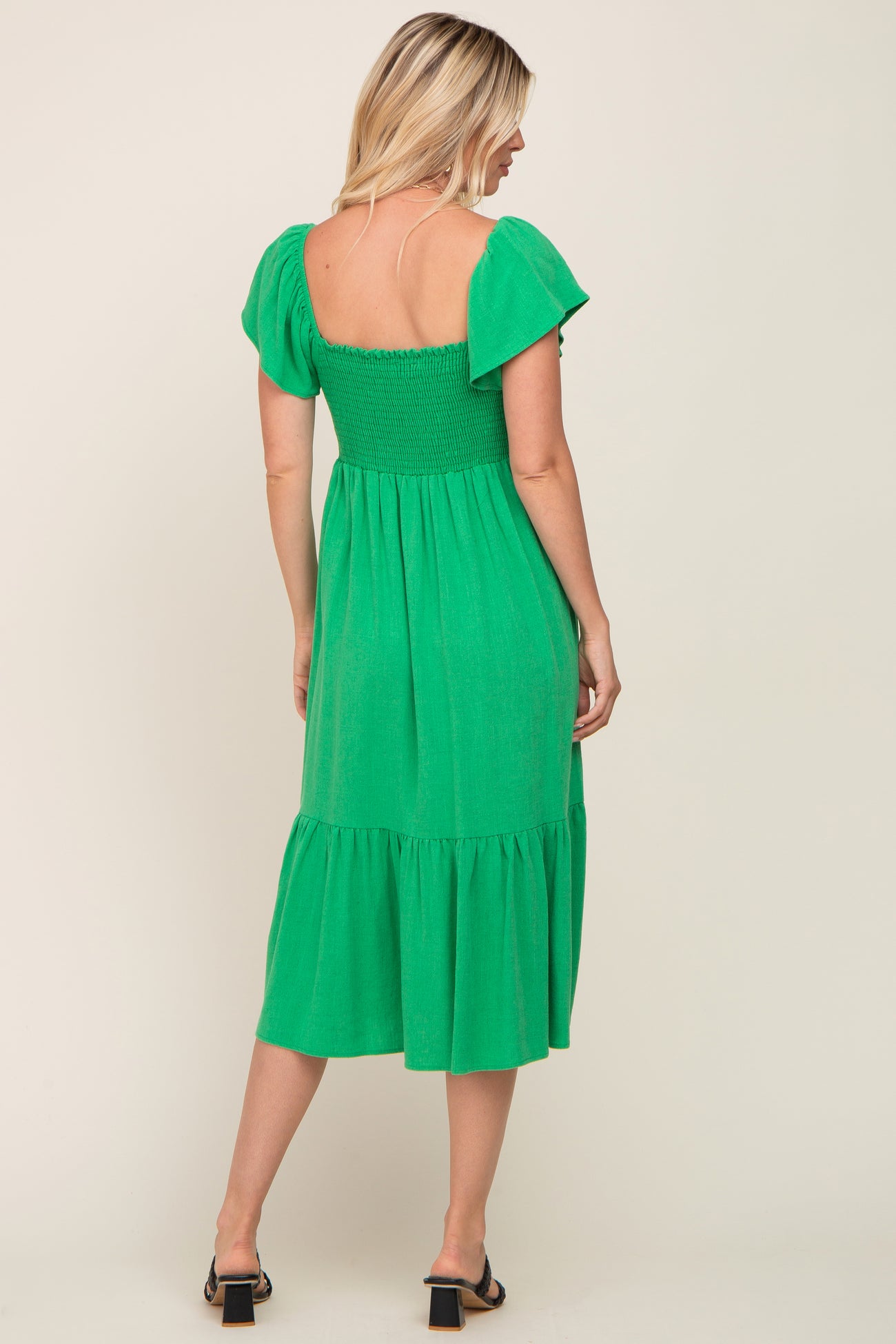 Green Smocked Ruffle Hem Midi Dress