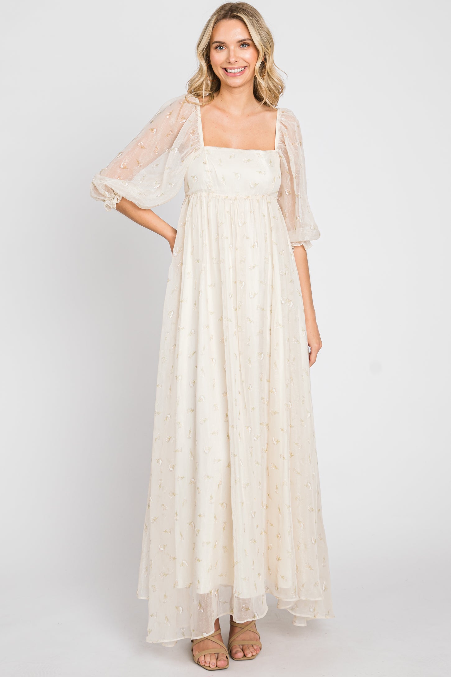 Cream Floral Square Neck Puff Sleeve Organza Maxi Dress
